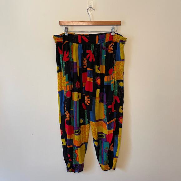 Vintage 39” L rayon Harem Pants jogger abstract black red ADI Sportswear casual - Picture 1 of 7